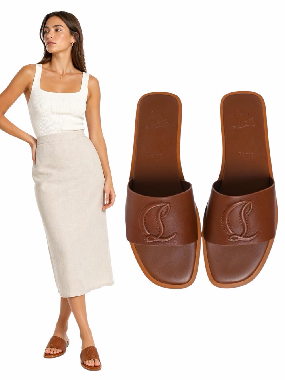 Christian Louboutin CL Mule Leather Flat Slide Sandal Brown Size 40